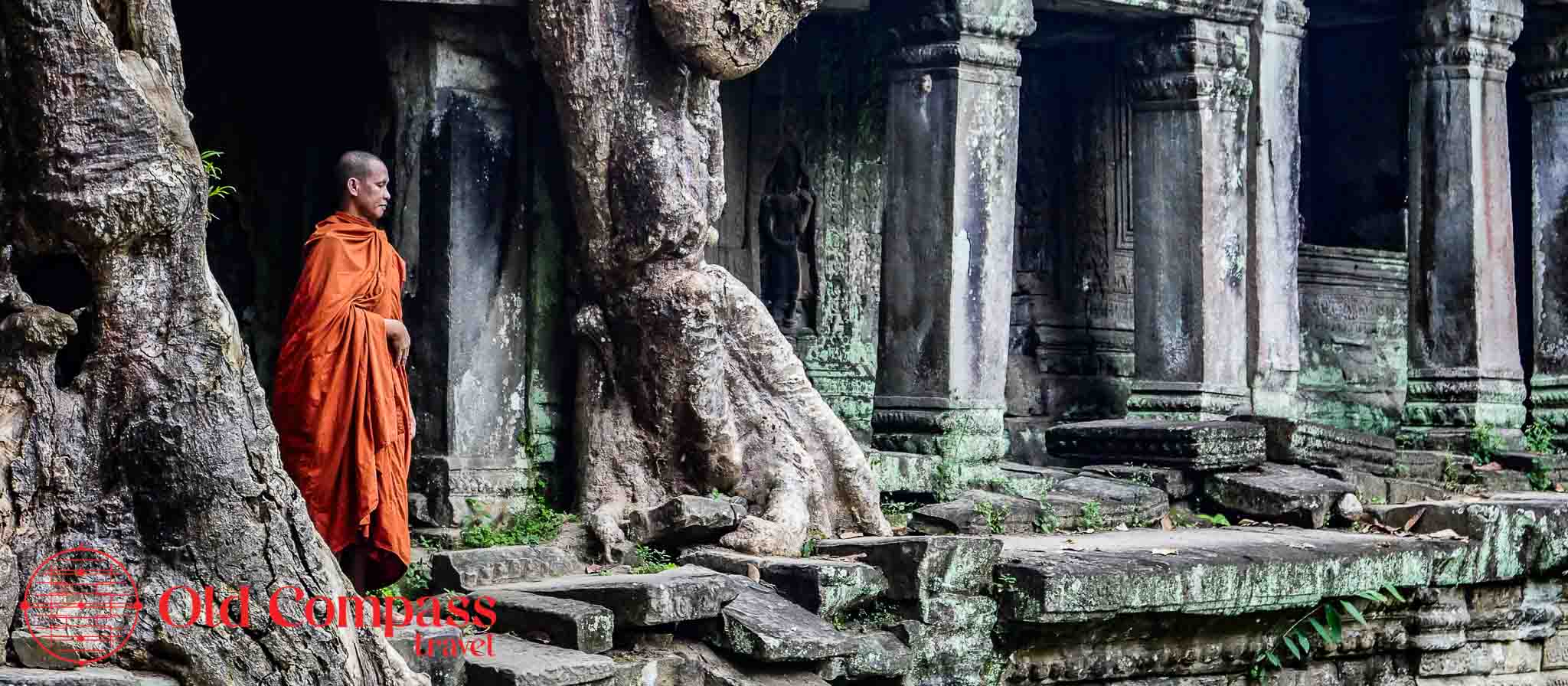 Angkor temple with Monk